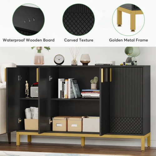 59" Black and Golden Buffet Cabinet with Storage – Elegant 4-Door Kitchen Sideboard, Coffee Bar, and Accent Cabinet for Dining Room or Living Room