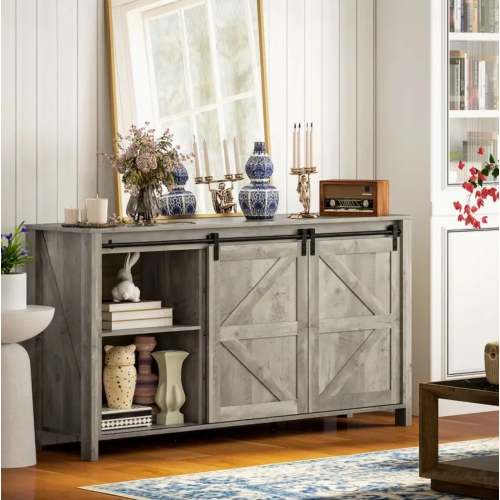 Farmhouse Charm 59.8 " Sideboard Buffet Cabinet with Doors Distressed Light Grey