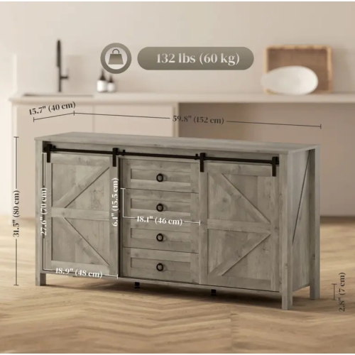 Farmhouse Charm 59.8 " Sideboard Buffet Cabinet with Doors Distressed Light Grey