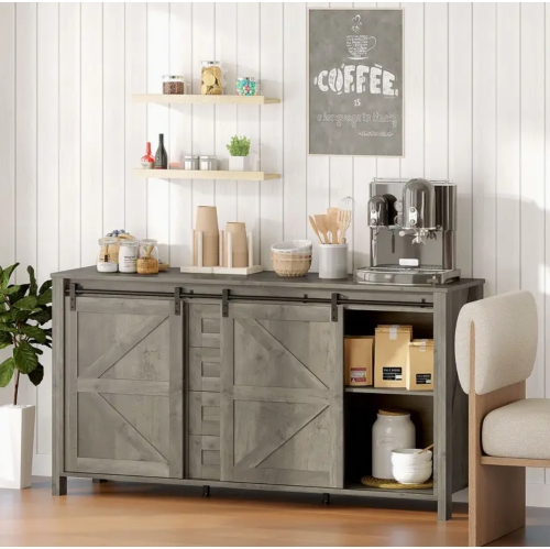 Farmhouse Charm 59.8 " Sideboard Buffet Cabinet with Doors Distressed Light Grey