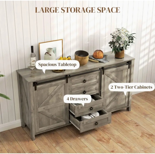 Farmhouse Charm 59.8 " Sideboard Buffet Cabinet with Doors Distressed Light Grey
