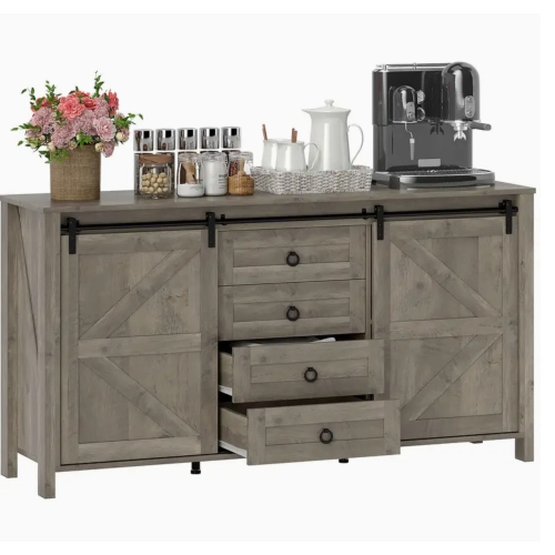 Farmhouse Charm 59.8 " Sideboard Buffet Cabinet with Doors Distressed Light Grey