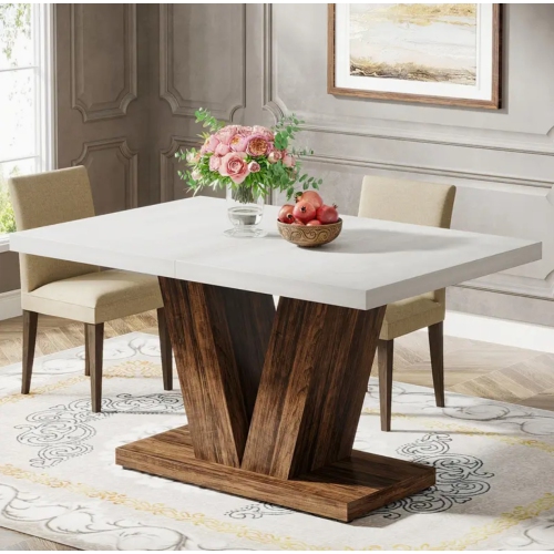 Table de salle à manger de 47&nbsp;po pour 4&nbsp;personnes, table de cuisine blanche avec socle robuste, table de salle à manger en bois Farmhouse
