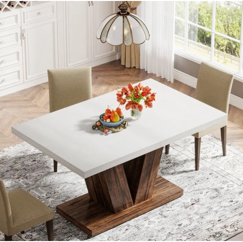 Table de salle à manger de 47&nbsp;po pour 4&nbsp;personnes, table de cuisine blanche avec socle robuste, table de salle à manger en bois Farmhouse