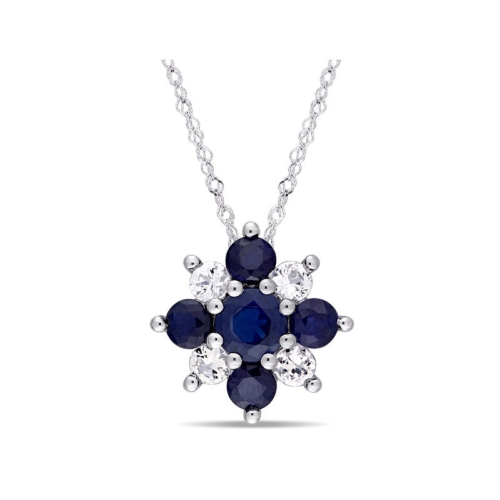 Image 1 of 5.. 1.80 Carat Blue and White Sapphire Floral Pendant in 14K White Gold with chain