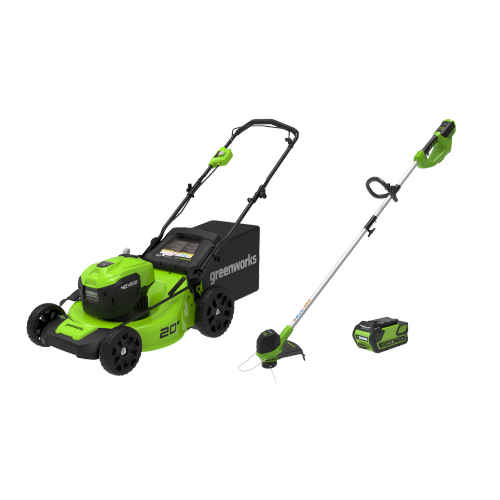 Greenworks 40V 20" Brushless Push Lawn Mower & 40V 12" String Trimmer, 4.0Ah Battery and Charger Included
