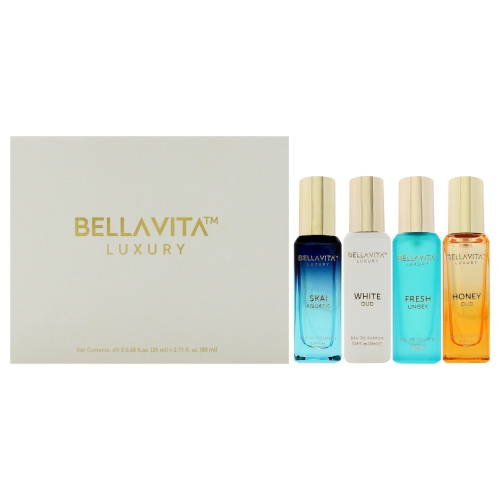 Luxury Perfume Gift Set by Bellavita for Unisex - 4 Pc Gift Set 0.68oz Skai Aquatic EDC Spray, 0.68oz Fresh EDT Spray, 0.68oz Honey Oud EDP Spray,
