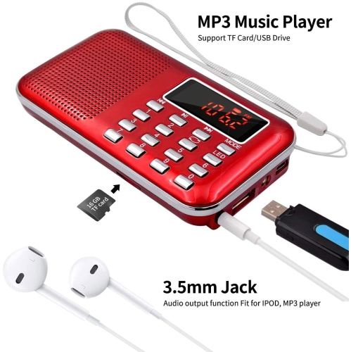 Mini radio portative AM FM de poche avec lecteur MP3, lampe de poche LED, radios numériques rechargeables Haut-parleur prenant en charge les cartes