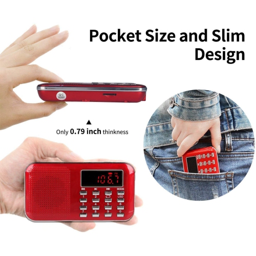 Mini radio portative AM FM de poche avec lecteur MP3, lampe de poche LED, radios numériques rechargeables Haut-parleur prenant en charge les cartes
