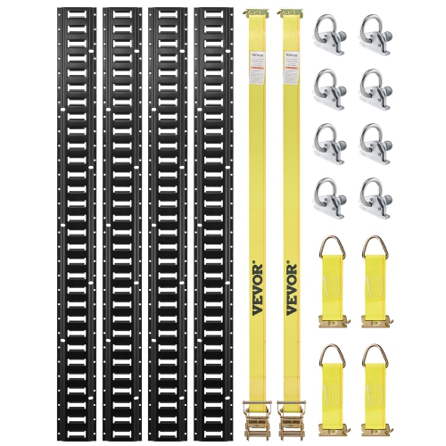 VEVOR 18PCS E Track Tie-Down Rail Kit, 5' E-Tracks Set Includes 4 Steel Rails & 8 O-Ring Anchors & 4 Tie-Offs with D-Ring & 2 Ratchet Straps,