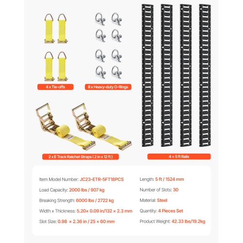 VEVOR 18PCS E Track Tie-Down Rail Kit, 5' E-Tracks Set Includes 4 Steel Rails & 8 O-Ring Anchors & 4 Tie-Offs with D-Ring & 2 Ratchet Straps,
