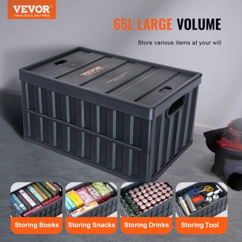 VEVOR 65L 3 Packs Collapsible Storage Bins with Lids, Folding Plastic Stackable Utility Crates with Handles, Large Heavy Duty Containers for Clothes,