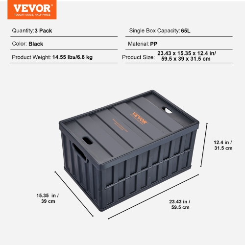 VEVOR 65L 3 Packs Collapsible Storage Bins with Lids, Folding Plastic Stackable Utility Crates with Handles, Large Heavy Duty Containers for Clothes,