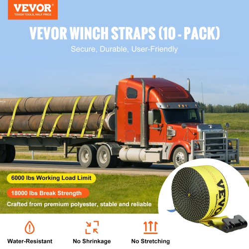 VEVOR 4" x 30' Winch Straps, 6000 lbs Load Capacity, 18000 lbs Break Strength, Truck Straps with Flat Hook, Flatbed Tie Downs Cargo Control for