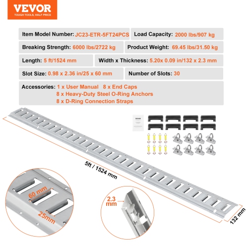 VEVOR 24PCS E Track Tie-Down Rail Kit, 5' E-Tracks Set Includes 8 Steel Rails & 8 O-Ring Anchors & 8 Tie-Offs with D-Ring, Versatile Securing