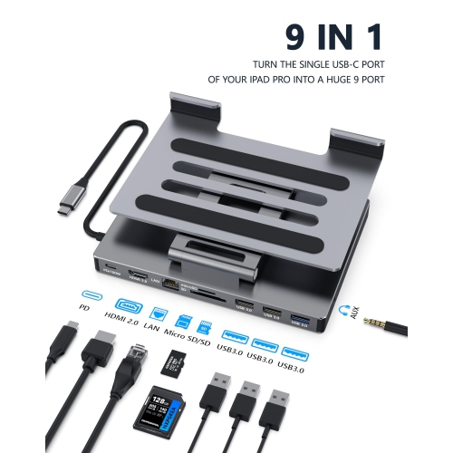 iPad Pro USB C Hub Stand, 9-in-1 Adapter for iPad Pro M4 M2 13 12.9 11 Inch Docking Station Foldable