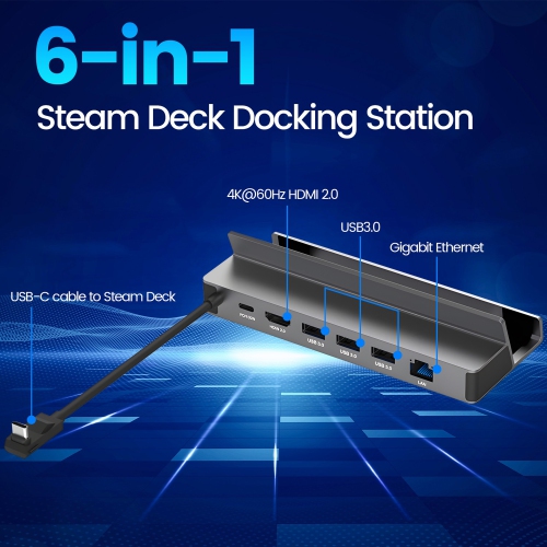 Accessoires de station d'accueil 6-en-1 compatibles avec ASUS ROG Alloy, Steam Deck Dock avec 3 ports USB-A 3,0, RJ45, adaptateur HUB