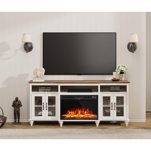 WAMPAT  Farmhouse Fireplace Tv Stand for 75 Inch Tv, Highboy Entertainment Center w 26" Electric Fireplace&glass Door Cabinets for Living Room, White