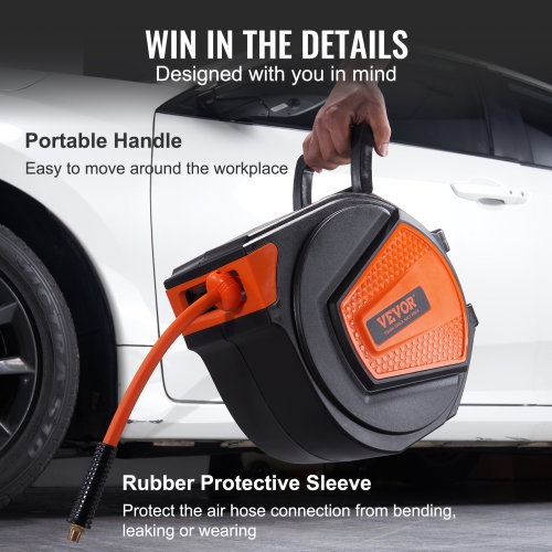 VEVOR 3/8 IN x 50 FT Retractable Air Hose Reel, Hybrid Air Hose Max 300PSI, Air Compressor Hose Reel with 5 In Lead in, Ceiling / Wall Mount Enclosed