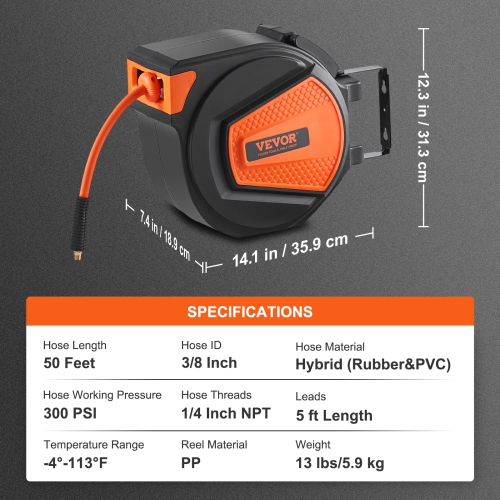 VEVOR 3/8 IN x 50 FT Retractable Air Hose Reel, Hybrid Air Hose Max 300PSI, Air Compressor Hose Reel with 5 In Lead in, Ceiling / Wall Mount Enclosed