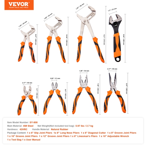 VEVOR 8-Piece Pliers Set, Carbon Steel, 12"/10"/8" Groove Joint Pliers, 8" Linesman's Pliers, 6" Slip Joint Pliers, 8" Long Nose Pliers, 6" Diagonal