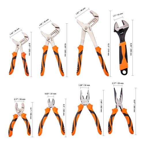 VEVOR 8-Piece Pliers Set, Carbon Steel, 12"/10"/8" Groove Joint Pliers, 8" Linesman's Pliers, 6" Slip Joint Pliers, 8" Long Nose Pliers, 6" Diagonal