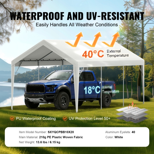 VEVOR 10 x 20 ft Carport Replacement Canopy Cover, Garage Top Tent Shelter Tarp Heavy-Duty Waterproof & UV Protected, with Ball Bungees,White