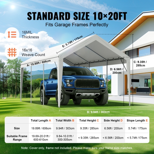 VEVOR 10 x 20 ft Carport Replacement Canopy Cover, Garage Top Tent Shelter Tarp Heavy-Duty Waterproof & UV Protected, with Ball Bungees,White