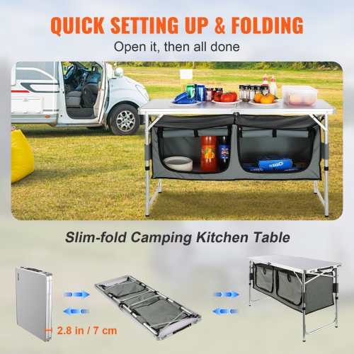 VEVOR Camping Kitchen Table, 3 Adjustable Heights, Quick set-up Folding Camping Table with A Carrying Bag, MDF Camping Table, Ideal for Outdoor