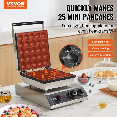 VEVOR 25PCS Mini Dutch Pancake Maker, 43mm Diameter Dorayaki Baker Machine, 1700W Commercial Electric Poffertjes Grill, Non-stick Stainless Steel,