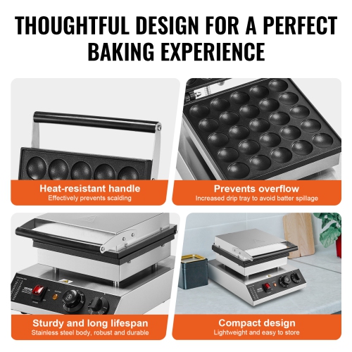 VEVOR 25PCS Mini Dutch Pancake Maker, 43mm Diameter Dorayaki Baker Machine, 1700W Commercial Electric Poffertjes Grill, Non-stick Stainless Steel,