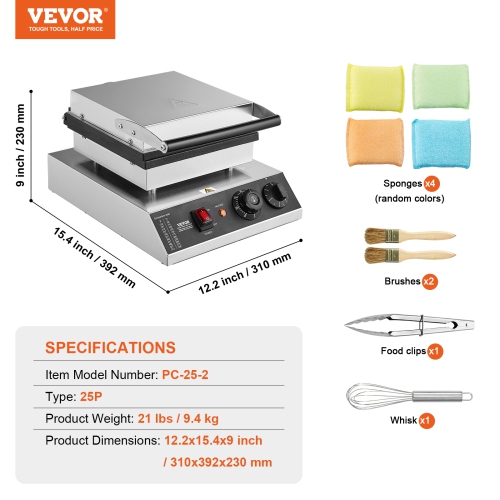 VEVOR 25PCS Mini Dutch Pancake Maker, 43mm Diameter Dorayaki Baker Machine, 1700W Commercial Electric Poffertjes Grill, Non-stick Stainless Steel,