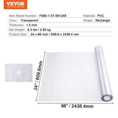 VEVOR 24 x 96 Inch Plastic Table Cover, 1.5 mm Thick Clear Table Protector, Rectangle PVC Desk Mat, Waterproof & Easy Cleaning Desk Pad Tablecloth,