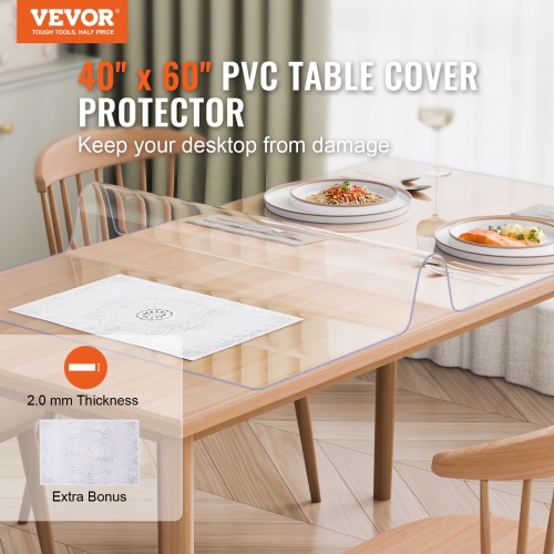 VEVOR 40 x 60 Inch Plastic Table Cover, 2.0 mm Thick Clear Table Protector, Rectangle PVC Desk Mat, Waterproof & Easy Cleaning Desk Pad Tablecloth,