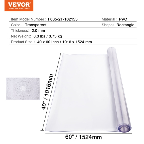 VEVOR 40 x 60 Inch Plastic Table Cover, 2.0 mm Thick Clear Table Protector, Rectangle PVC Desk Mat, Waterproof & Easy Cleaning Desk Pad Tablecloth,