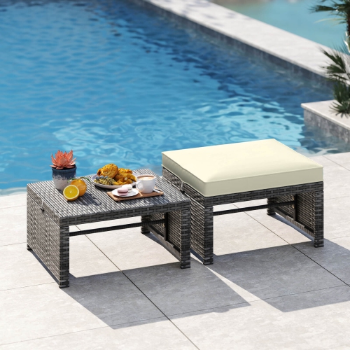 Costway Patio Ottomans Set of 2 PE Rattan Footstools with Removable Cushions & Metal Frame Red/Gray/Black/White/Turquoise/Navy