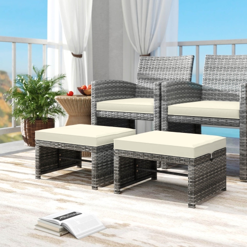 Costway Patio Ottomans Set of 2 PE Rattan Footstools with Removable Cushions & Metal Frame Red/Gray/Black/White/Turquoise/Navy