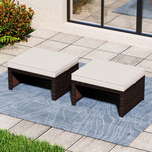 Costway 2 PCS Patio PE Rattan Ottomans with Soft Zippered Cushions for Deck Outdoor White/Navy/Red/Turquoise