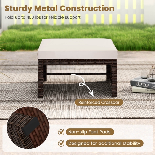 Costway 2 PCS Patio PE Rattan Ottomans with Soft Zippered Cushions for Deck Outdoor White/Navy/Red/Turquoise