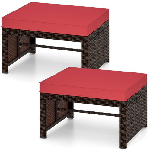 Costway 2 PCS Patio PE Rattan Ottomans with Soft Zippered Cushions for Deck Outdoor White/Navy/Red/Turquoise