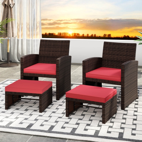 Costway 2 PCS Patio PE Rattan Ottomans with Soft Zippered Cushions for Deck Outdoor White/Navy/Red/Turquoise