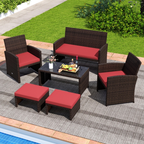 Costway 2 PCS Patio PE Rattan Ottomans with Soft Zippered Cushions for Deck Outdoor White/Navy/Red/Turquoise