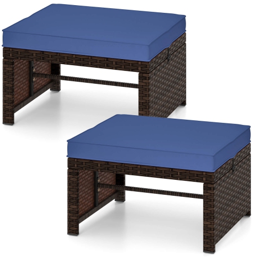 COSTWAY  2 PCs Patio Pe Rattan Ottomans With Soft Zippered Cushions for Deck Outdoor White/navy/red/turquoise