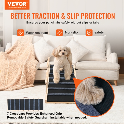 VEVOR 47.2" Pet Ramp for Bed, Adjustable Dog Ramp for Small, Large, Old Dogs & Cats, Wooden Pet Ramp with Long Ramp, Adjustable from 13.8" to 27.6",