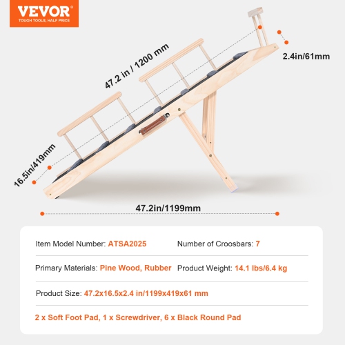 VEVOR 47.2" Pet Ramp for Bed, Adjustable Dog Ramp for Small, Large, Old Dogs & Cats, Wooden Pet Ramp with Long Ramp, Adjustable from 13.8" to 27.6",