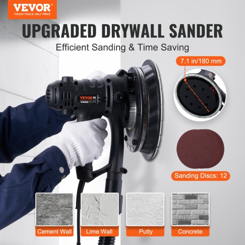 VEVOR 800W Electric Drywall Sander with 12 Sanding Discs, Variable Speed 1200-2300 RPM Wall Sander with Vacuum Dust Collection System, Double LED