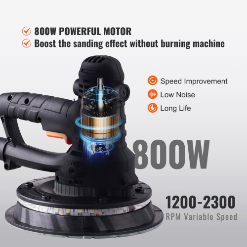 VEVOR 800W Electric Drywall Sander with 12 Sanding Discs, Variable Speed 1200-2300 RPM Wall Sander with Vacuum Dust Collection System, Double LED