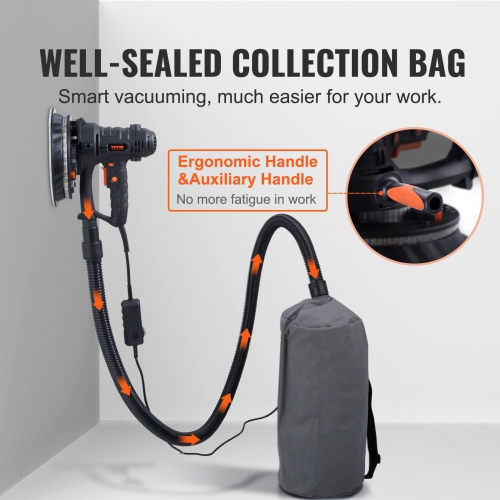 VEVOR 800W Electric Drywall Sander with 12 Sanding Discs, Variable Speed 1200-2300 RPM Wall Sander with Vacuum Dust Collection System, Double LED