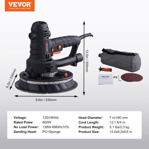 VEVOR 800W Electric Drywall Sander with 12 Sanding Discs, Variable Speed 1200-2300 RPM Wall Sander with Vacuum Dust Collection System, Double LED