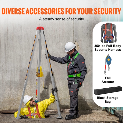 VEVOR Confined Space Tripod Kit, 2600 lbs Winch, Confined Space Tripod 8' Legs and 98' Cable, Confined Space Rescue Tripod 32.8' Fall Protection,